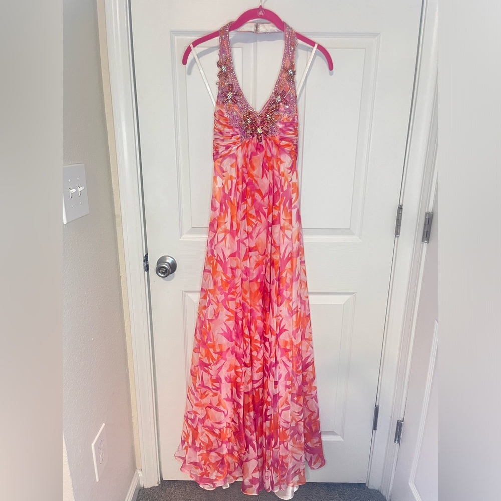 Pink and Orange Ruched Tie Front Halter Prom Dress